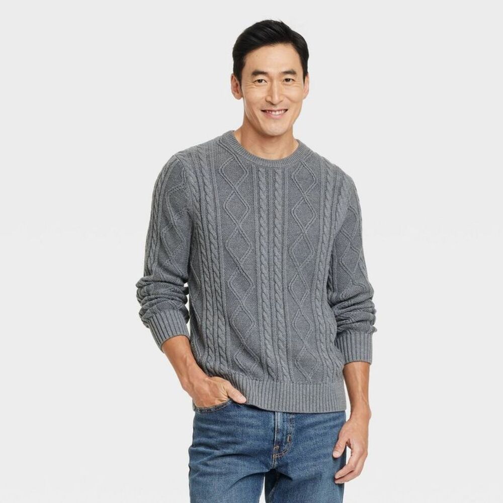 Men's Cable Crewneck Pullover Sweater - Goodfellow & Co Heathered Gray XL